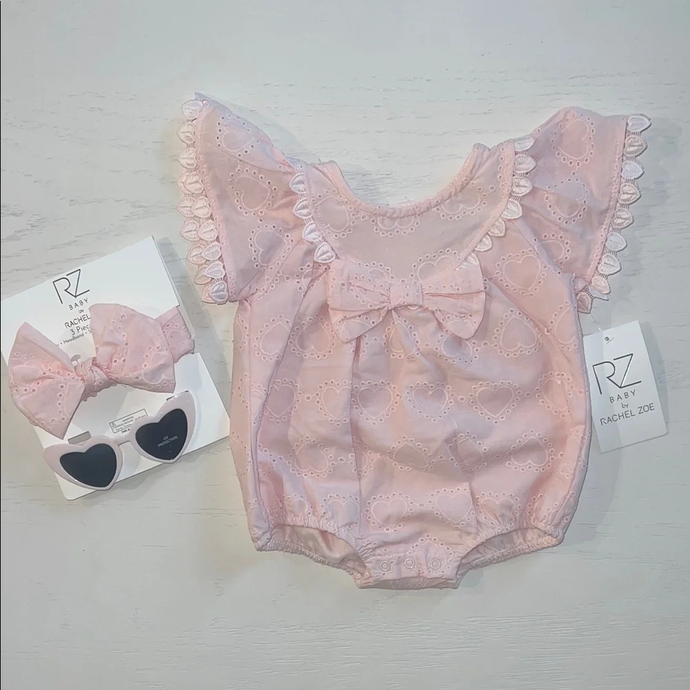 Rachel Zoe Pink Heart Bubble Romper Headband Sunglasses 3-6 6-9 months